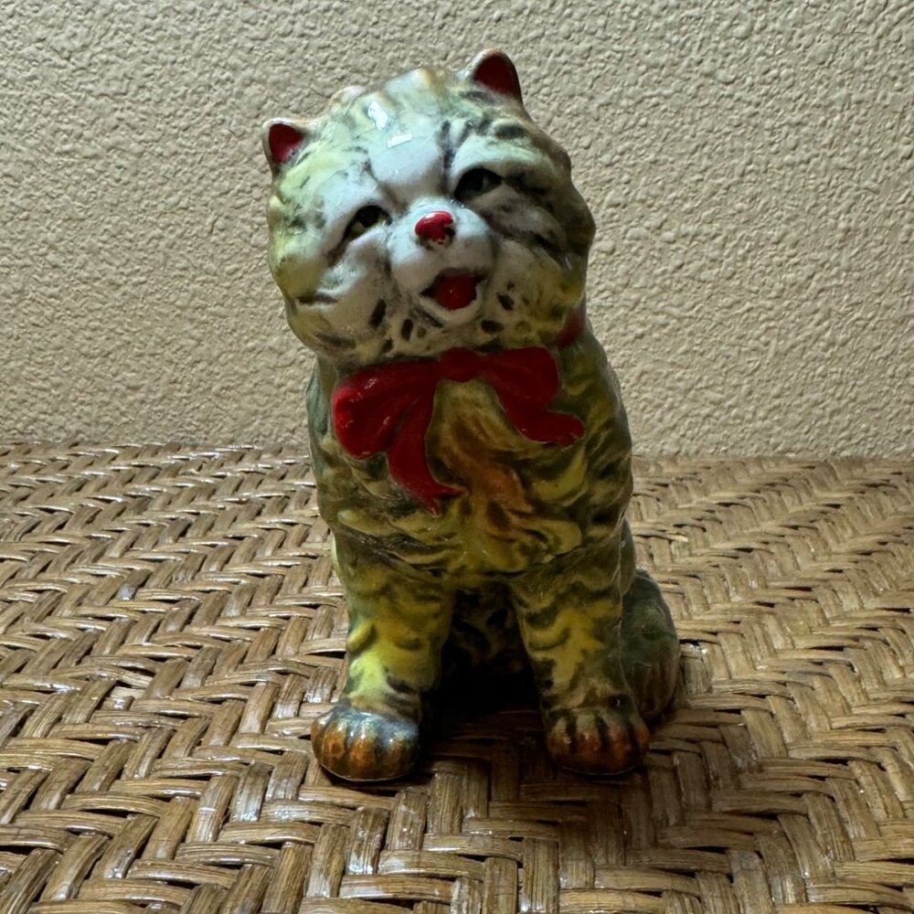 Vintage Porcelain Ceramic Cat Figurine With Red Bow Stands 5"